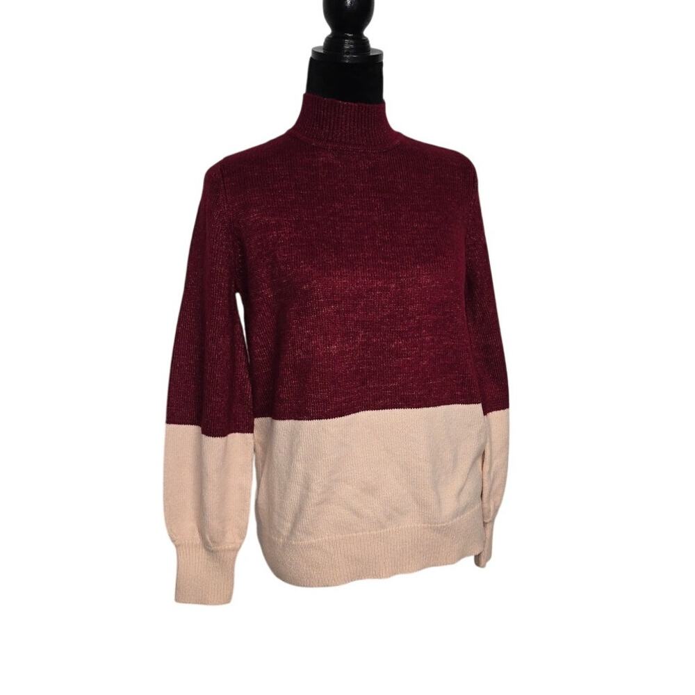 Michael Kors Colorblock Turtleneck Sweater Burgundy Blush Pink Medium